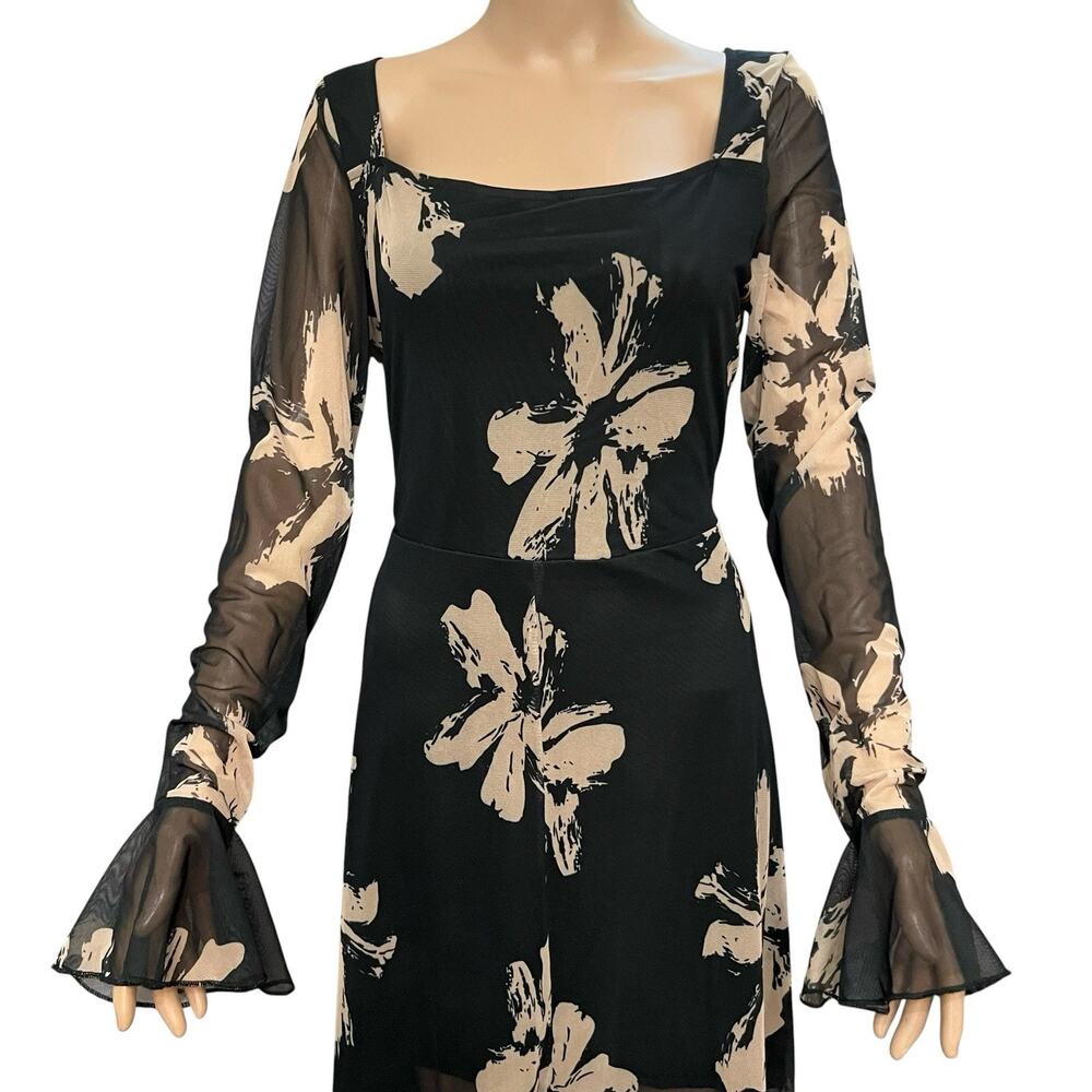 Gothic Floral Maxi Dress Large Bell Sleeve Tiered Ruffle Mesh Witchy High Low - Picture 2 of 9